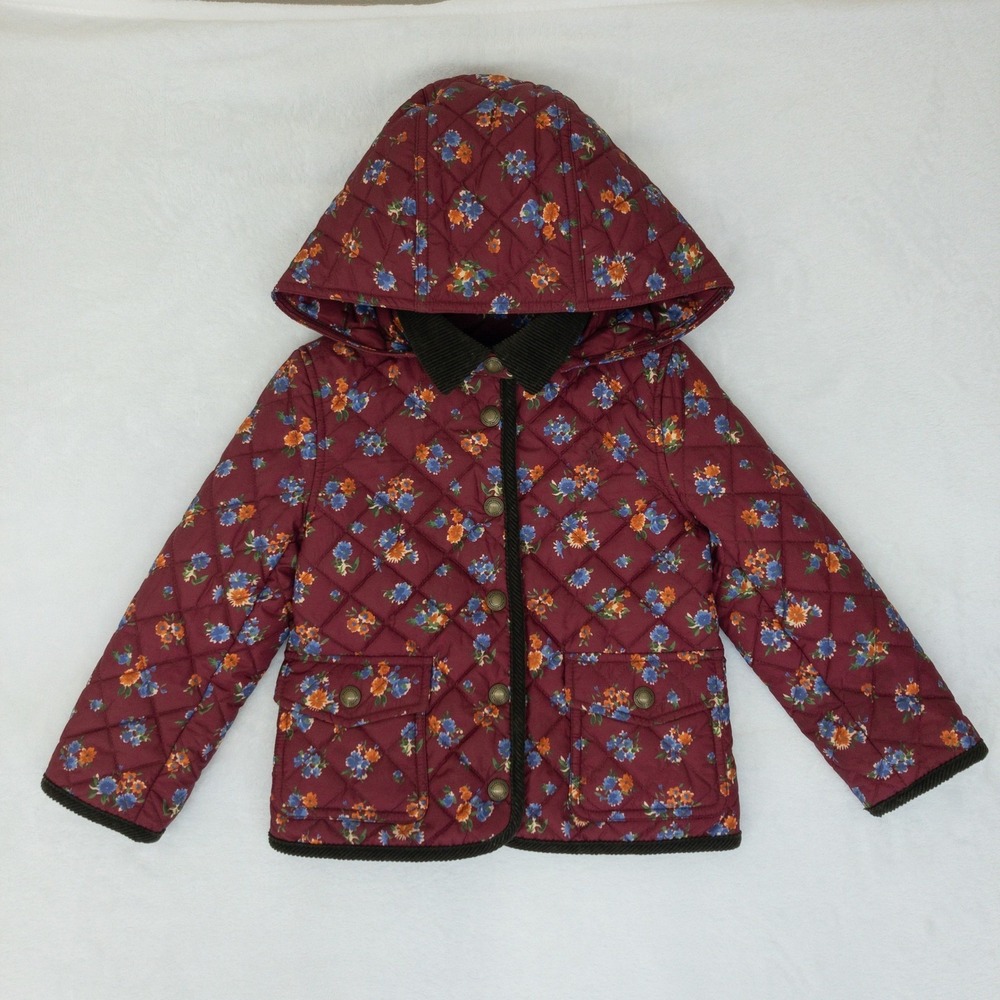 MARKS Polo Ralph Lauren Quilted Barn Jacket Girls Size 3 Burgundy Floral Hooded